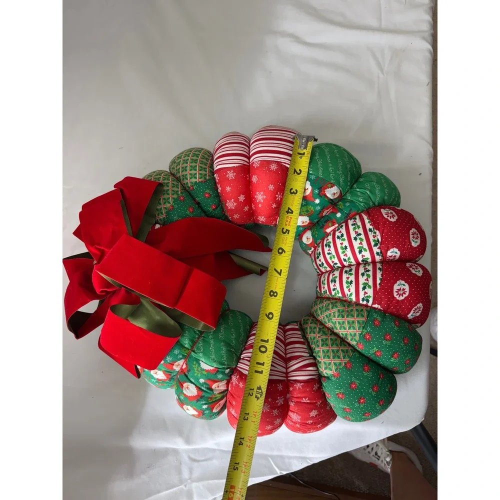 Handmade Quilted Christmas Decor Set Stuffed Wreath and Tabletop Tree Red Green